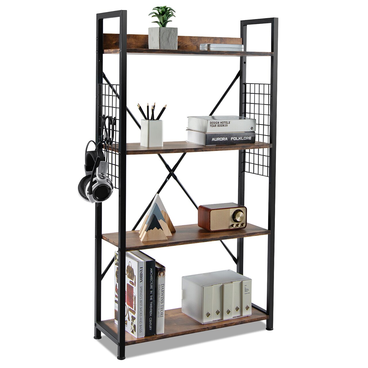 Costway 4 -Tier Industrial Bookshelf Open Storage Bookcase Display Shelf for Home Office